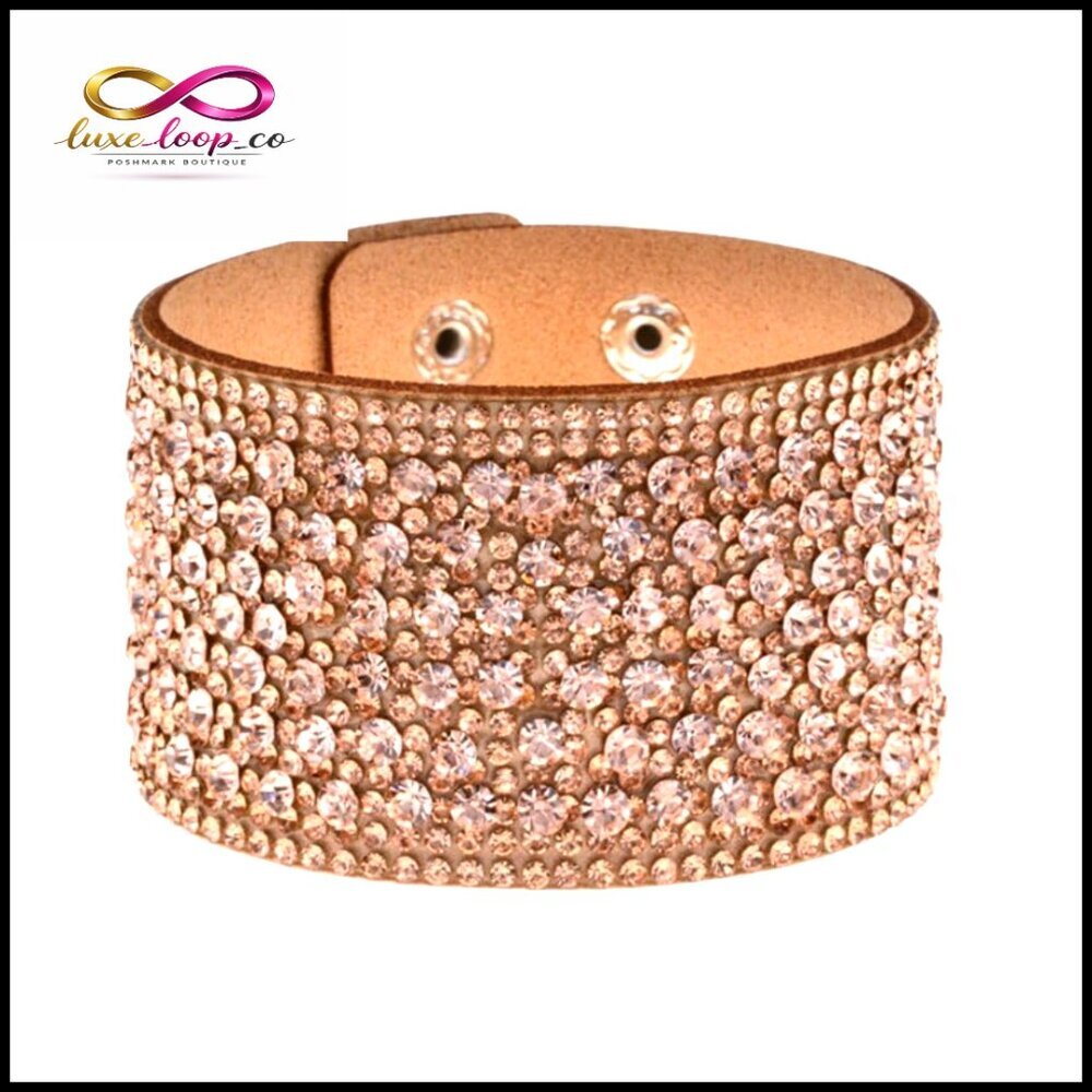 Leather Wrap Bracelet with Rhinestone Edge, Boho Charm Cuff Bangle